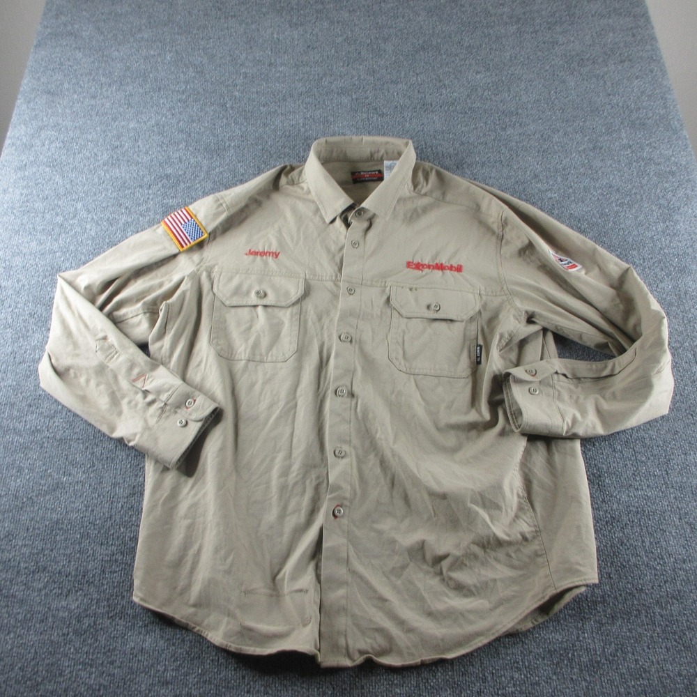 Bulwark FR Shirt Mens XL Beige Flame Resistant Long Sleeve Button Up ExxonMobil